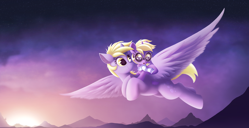 Size: 3466x1779 | Tagged: safe, artist:allyster-black, derpibooru import, derpy hooves, dinky hooves, pegasus, pony, unicorn, :o, canterlot, clothes, cute, dinky riding derpy, ear tufts, female, flying, goggles, image, mother and child, mother and daughter, mountain, mountain range, music video, open mouth, png, ponies riding ponies, riding, scarf, sun, sunset