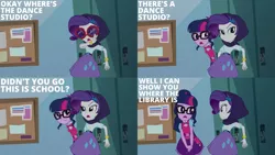 Size: 2000x1125 | Tagged: safe, derpibooru import, edit, edited screencap, editor:quoterific, screencap, rarity, sci-twi, twilight sparkle, dance magic, equestria girls, spoiler:eqg specials, bracelet, clothes, cutie mark, cutie mark on clothes, duo, duo female, female, glasses, hairpin, image, jewelry, lockers, open mouth, png, ponytail, sunglasses