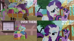 Size: 1280x720 | Tagged: safe, derpibooru import, edit, edited screencap, editor:quoterific, screencap, pinkie pie, rarity, spike, twilight sparkle, twilight sparkle (alicorn), alicorn, dragon, pony, unicorn, rarity takes manehattan, female, friendship express, image, luggage, male, mare, open mouth, png, stallion