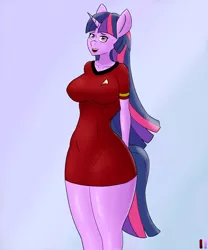 Size: 2000x2400 | Tagged: suggestive, artist:junglemango, derpibooru import, twilight sparkle, anthro, breasts, busty twilight sparkle, clothes, image, jpeg, open mouth, open smile, redshirt, smiling, star trek, uniform