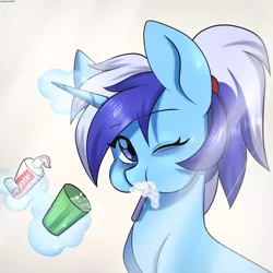 Size: 1800x1800 | Tagged: safe, artist:chickenbrony, derpibooru import, minuette, pony, unicorn, brushing teeth, cup, female, glowing horn, horn, image, looking at you, magic, mare, one eye closed, png, ponytail, solo, toothbrush, toothpaste