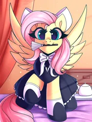 Size: 1500x2000 | Tagged: safe, artist:shadowreindeer, derpibooru import, fluttershy, oc, oc:anon, bow, clothes, duster, fluttermaid, hair bow, image, jpeg, maid, morning ponies, mouth hold