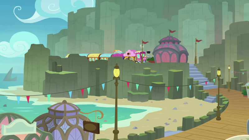 Size: 1280x720 | Tagged: safe, derpibooru import, screencap, surf and/or turf, background, beach, friendship express, image, lamp post, mount aris, no pony, png, scenery, scenic ponyville, train, train station