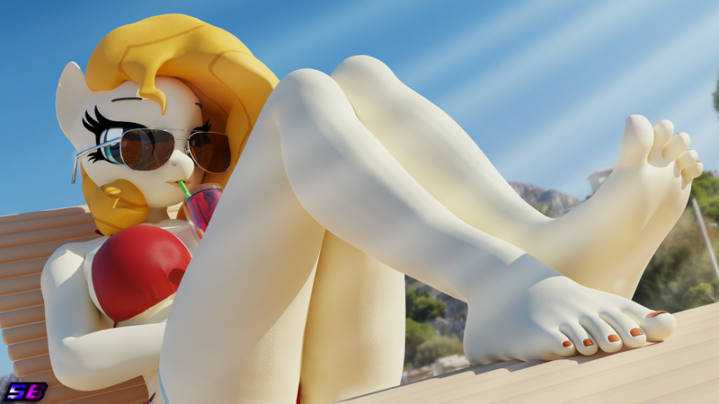 Size: 3840x2160 | Tagged: suggestive, artist:shadowboltsfm, derpibooru import, pear butter, anthro, plantigrade anthro, 3d, 4k, aviator glasses, barefoot, big breasts, bikini, blender, breasts, clothes, cocktail, eyelashes, feet, female, fetish, foot fetish, foot focus, glasses, image, legs, looking at you, lounge chair, milf, not sfm, png, sexy, sipping, sitting, sole, stupid sexy pear butter, sun ray, swimsuit, toes