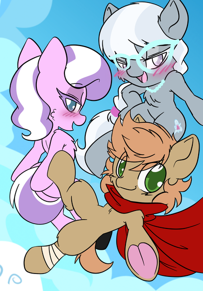 Size: 1668x2388 | Tagged: safe, artist:steelsoul, derpibooru import, diamond tiara, silver spoon, oc, oc:himmel, earth pony, pony, clothes, colt, earth pony oc, female, filly, glasses, image, male, png, scarf, sky, underhoof