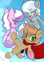 Size: 1668x2388 | Tagged: safe, artist:steelsoul, derpibooru import, diamond tiara, silver spoon, oc, oc:himmel, earth pony, pony, clothes, colt, earth pony oc, female, filly, glasses, image, male, png, scarf, sky, underhoof