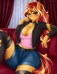 Size: 1280x1664 | Tagged: suggestive, artist:ashimaroo, derpibooru import, sunset shimmer, anthro, unicorn, belly button, belt, blue bottomwear, blushing, breasts, busty sunset shimmer, choker, cleavage, clothes, couch, curtains, cutie mark accessory, denim shorts, female, image, indoors, jacket, looking at you, low cut top, png, shiny fur, shorts, sitting, socks, solo, solo female, stockings, stupid sexy sunset shimmer, teal eyes, thigh highs, tomboy, two toned mane, two toned tail, underwear, variant, yellow fur
