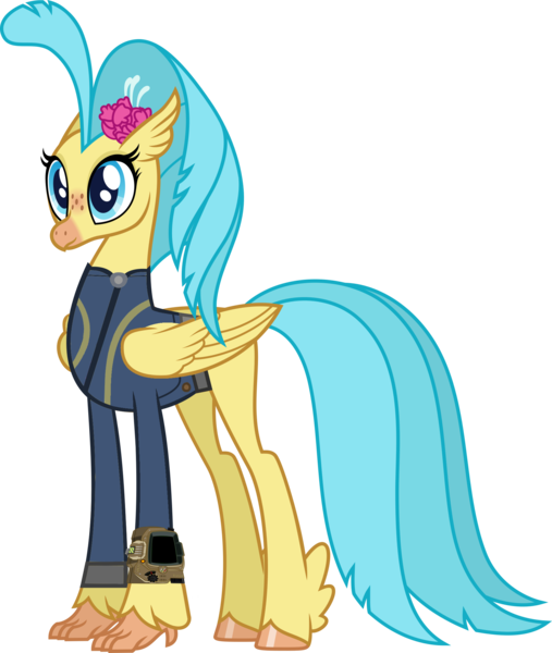 Size: 1729x2048 | Tagged: safe, artist:ponygamer2020, artist:walrusinc, derpibooru import, princess skystar, classical hippogriff, hippogriff, fallout equestria, my little pony: the movie, absurd resolution, clothes, fallout, female, image, jewelry, jumpsuit, necklace, pipboy, png, simple background, solo, transparent background, vault suit, vector