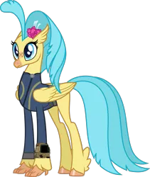 Size: 1729x2048 | Tagged: safe, artist:ponygamer2020, artist:walrusinc, derpibooru import, princess skystar, classical hippogriff, hippogriff, fallout equestria, my little pony: the movie, absurd resolution, clothes, fallout, female, image, jewelry, jumpsuit, necklace, pipboy, png, simple background, solo, transparent background, vault suit, vector