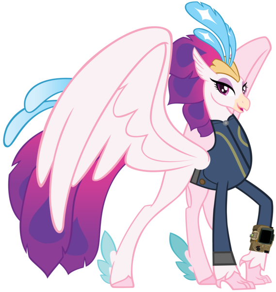 Size: 8196x8647 | Tagged: safe, artist:andoanimalia, artist:ponygamer2020, derpibooru import, queen novo, classical hippogriff, hippogriff, fallout equestria, my little pony: the movie, absurd resolution, clothes, crown, fallout, female, image, jewelry, jumpsuit, lidded eyes, looking at you, pipboy, png, regalia, show accurate, simple background, smiling, smiling at you, solo, transparent background, vault suit, vector, wings