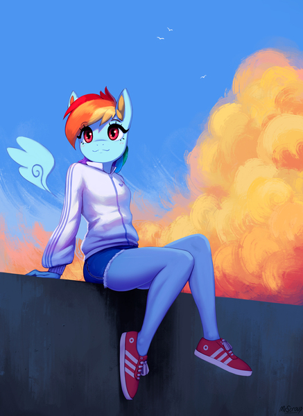 Size: 1500x2061 | Tagged: safe, artist:mrscroup, derpibooru import, rainbow dash, anthro, pegasus, plantigrade anthro, :3, clothes, cloud, cute, dashabetes, female, floating wings, image, jacket, jpeg, shoes, shorts, sitting, smiling, sneakers, solo, sweater, tracksuit, wings
