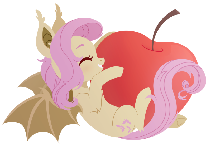 Size: 3000x2076 | Tagged: safe, artist:belka-sempai, derpibooru import, fluttershy, bat pony, pony, apple, bat ponified, bat wings, chest fluff, ear tufts, elbow fluff, eyes closed, female, flutterbat, food, gritted teeth, high res, holding, image, lying down, mare, on back, png, profile, race swap, simple background, smiling, solo, spread wings, transparent background, underhoof, wings