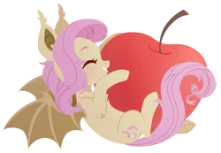 Size: 3000x2076 | Tagged: safe, artist:belka-sempai, derpibooru import, fluttershy, bat pony, pony, apple, bat ponified, bat wings, chest fluff, ear tufts, elbow fluff, eyes closed, female, flutterbat, food, gritted teeth, high res, holding, image, lying down, mare, on back, png, profile, race swap, simple background, smiling, solo, spread wings, transparent background, underhoof, wings