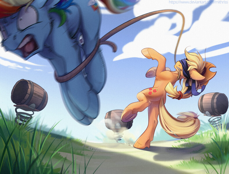 Size: 4400x3340 | Tagged: safe, artist:mithriss, derpibooru import, applejack, rainbow dash, earth pony, pegasus, pony, barrel, bipedal, blindfold, bound, duo, image, jpeg, lasso, mouth hold, open mouth, rope, screaming, silly, silly pony, target practice, this will end in pain, underhoof, who's a silly pony