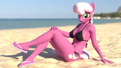 Size: 3840x2160 | Tagged: safe, artist:purenexus, derpibooru import, cheerilee, anthro, plantigrade anthro, 3d, 4k, beach, bikini, blender, blender cycles, breasts, busty cheerilee, clothes, female, image, nail polish, not sfm, png, sandals, shoe dangling, solo, solo female, stupid sexy cheerilee, swimsuit, toenail polish