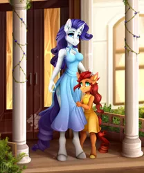 Size: 800x960 | Tagged: safe, artist:buvanybu, derpibooru import, rarity, oc, oc:goldheart, anthro, unguligrade anthro, unicorn, breasts, busty rarity, clothes, dress, female, image, jpeg, mother and child, mother and daughter