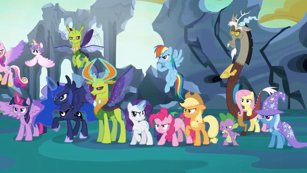Size: 600x338 | Tagged: safe, derpibooru import, screencap, applejack, discord, fluttershy, pinkie pie, princess cadance, princess celestia, princess flurry heart, princess luna, rainbow dash, rarity, shining armor, spike, starlight glimmer, thorax, trixie, twilight sparkle, twilight sparkle (alicorn), alicorn, changedling, changeling, earth pony, pegasus, unicorn, to where and back again, alicorn pentarchy, angry, animated, gif, glowing horn, group shot, horn, image, king thorax, mane seven, mane six, panorama, reformed four