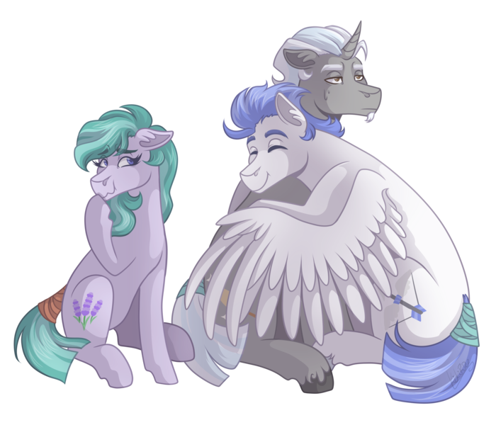 Size: 3500x3000 | Tagged: safe, artist:kikirdcz, derpibooru import, oc, oc:lavender joy, oc:polished lance, oc:swift wing, earth pony, pegasus, pony, unicorn, female, hug, image, male, mare, oc obly, png, simple background, stallion, transparent background