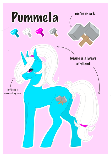 Size: 2480x3508 | Tagged: safe, artist:themstap, derpibooru import, oc, oc:pummela, pony, unicorn, eyeshadow, female, hair over one eye, image, makeup, mare, png, ponytail, reference sheet