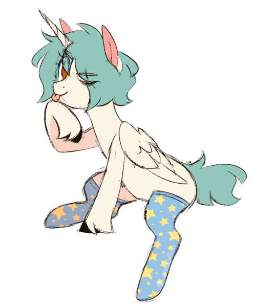 Size: 1280x1429 | Tagged: safe, artist:lynesssan, derpibooru import, oc, oc:lyness, alicorn, pony, clothes, female, image, mare, one eye closed, png, simple background, socks, solo, tongue out, transparent background, wink
