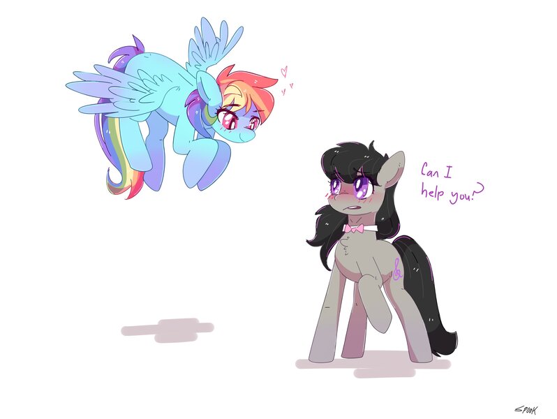 Size: 2874x2160 | Tagged: safe, artist:aaa-its-spook, derpibooru import, octavia melody, rainbow dash, earth pony, pegasus, pony, dashtavia, dialogue, female, flying, image, jpeg, lesbian, shipping, smiling, spread wings, wings