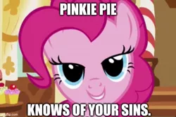 Size: 611x408 | Tagged: safe, derpibooru import, pinkie pie, bedroom eyes, caption, grin, image, image macro, imgflip, jpeg, looking at you, meme, pinkie pie is watching you, smiling, text