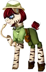 Size: 522x818 | Tagged: safe, artist:song-star, derpibooru import, oc, oc:inyoka, unofficial characters only, snake, zebra, bag, belt, boop, boots, clothes, commission, ear piercing, earring, glasses, hat, image, jewelry, piercing, png, raised hoof, saddle bag, shirt, shoes, shorts, simple background, snek, socks, solo, transparent background, zebra oc