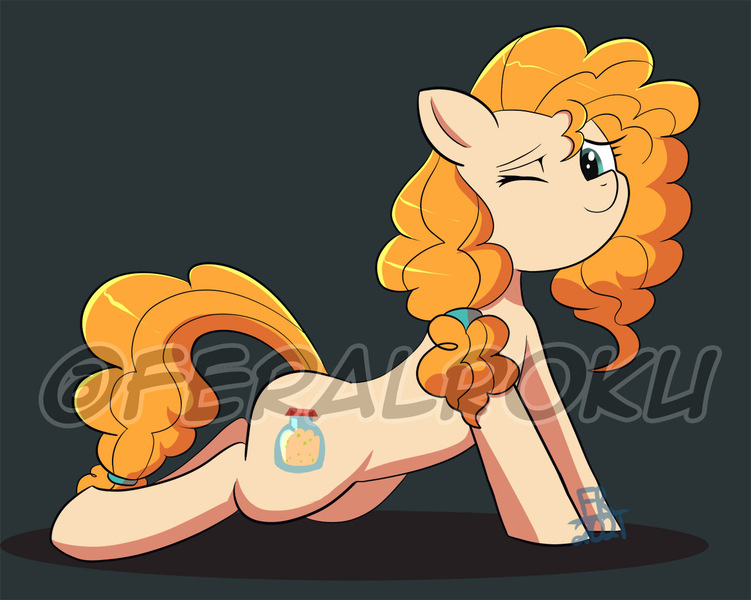 Size: 1280x1023 | Tagged: safe, artist:feralroku, derpibooru import, pear butter, earth pony, pony, cute, gray background, image, jpeg, lying down, obtrusive watermark, one eye closed, prone, simple background, solo, watermark