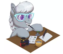 Size: 3748x3227 | Tagged: safe, artist:taytinabelle, derpibooru import, silver spoon, earth pony, pony, accessories, blushing, braid, cute, ear fluff, female, filly, glasses, high res, image, jewelry, minifig, mouth hold, necklace, painting, png, silverbetes, simple background, smiling, solo, unshorn fetlocks, white background