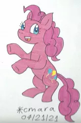 Size: 783x1192 | Tagged: safe, artist:cmara, derpibooru import, pinkie pie, earth pony, pony, female, image, jpeg, mare, open mouth, raised hoof, raised leg, rearing, simple background, solo, traditional art, white background