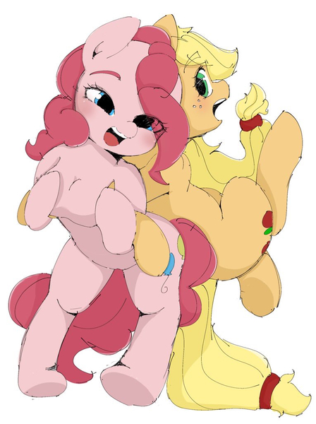 Size: 765x1024 | Tagged: artist needed, safe, applejack, pinkie pie, semi-anthro, blushing, breasts, chestbreasts, duo, female, image, jpeg, looking at you, looking back, looking back at you, mare, simple background, white background