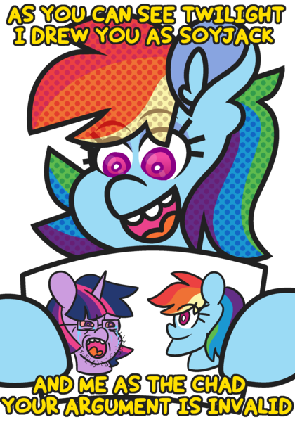 Size: 2000x2856 | Tagged: safe, artist:threetwotwo32232, derpibooru import, rainbow dash, twilight sparkle, alicorn, pegasus, pony, chad, female, image, mare, png, wojak