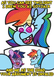 Size: 2000x2856 | Tagged: safe, artist:threetwotwo32232, derpibooru import, rainbow dash, twilight sparkle, alicorn, pegasus, pony, chad, female, image, mare, png, wojak