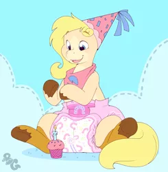 Size: 4009x4096 | Tagged: suggestive, artist:cuddlehooves, derpibooru import, oc, unofficial characters only, earth pony, pony, absurd resolution, cupcake, diaper, diaper fetish, earth pony oc, fetish, food, hat, image, jpeg, party hat, solo