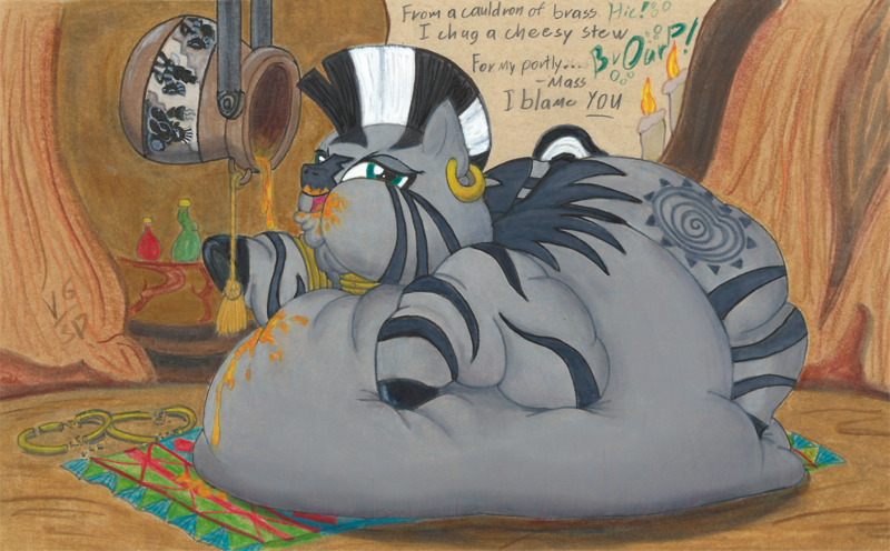 Size: 1452x900 | Tagged: questionable, alternate version, artist:white-eyed vireo, derpibooru import, zecora, pony, zebra, belly, belly bed, belly button, big belly, bingo wings, blushing, burp, butt, cauldron, chubby cheeks, derpibooru exclusive, dialogue, double chin, drawing, fat, feedee, flabby chest, frog (hoof), huge belly, huge butt, image, immobile, impossibly large belly, impossibly large butt, impossibly obese, large butt, lying down, mattress, morbidly obese, multichin, neck roll, obese, png, rolls of fat, rug, stuffed belly, traditional art, underhoof, wardrobe malfunction, zecobese, zecora's hut, zecorass