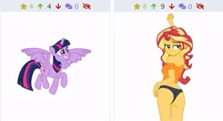 Size: 845x459 | Tagged: suggestive, artist:gmaplay, derpibooru import, sunset shimmer, twilight sparkle, twilight sparkle (alicorn), alicorn, pony, derpibooru, twibooru, equestria girls, bunset shimmer, butt, clothes, cute, female, flying, high res, image, implied lesbian, implied shipping, implied sunsetsparkle, interspecies, jpeg, juxtaposition, juxtaposition win, lesbian, looking at you, looking back, mare, meme, meta, shipping, sunsetsparkle, swimsuit, twiabetes