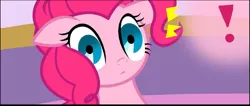Size: 812x344 | Tagged: safe, artist:pyruvate, derpibooru import, edit, pinkie pie, earth pony, pony, comic:the usual, cropped, empty eyes, exclamation point, explicit source, image, png, realization, shocked, solo