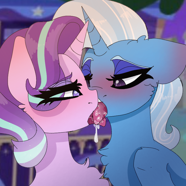 Size: 768x768 | Tagged: suggestive, artist:moodi, derpibooru import, starlight glimmer, trixie, pony, unicorn, blushing, boop, drool, female, french kiss, image, kissing, lesbian, looking at each other, night, noseboop, png, shipping, startrix, trixie's wagon