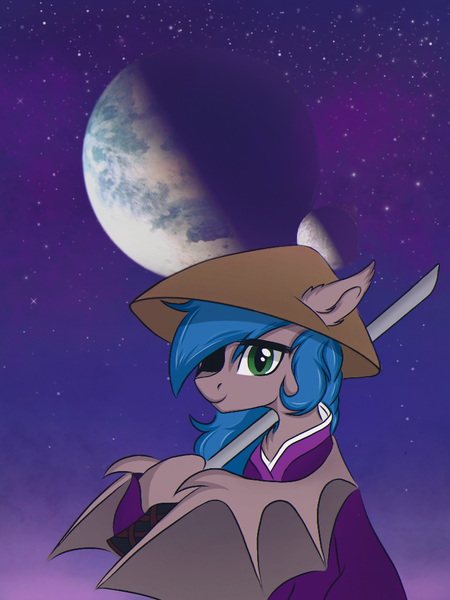 Size: 768x1024 | Tagged: safe, artist:kusturbrick, derpibooru import, oc, oc:ldblue, unofficial characters only, bat pony, pony, bipedal, bust, chest fluff, clothes, conical hat, ear fluff, eyepatch, female, hat, hooves, image, katana, kenshi, kimono (clothing), mare, night, planet, png, shinobi, sky, smiling, solo, spread wings, standing, stars, sword, three quarter view, weapon, wings