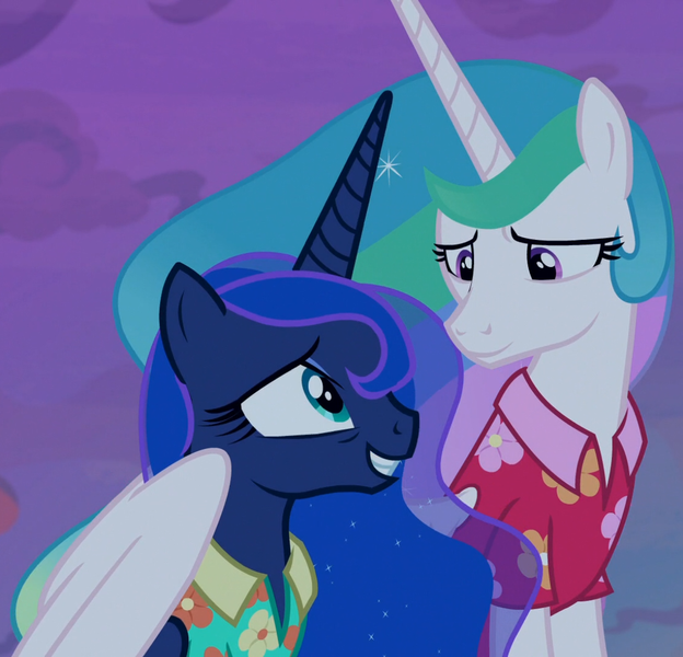 Size: 1123x1080 | Tagged: safe, derpibooru import, screencap, princess celestia, princess luna, alicorn, pony, between dark and dawn, season 9, spoiler:s09, best sisters, clothes, cropped, cute, cutelestia, daaaaaaaaaaaw, duo, duo female, female, hawaiian shirt, hnnng, hug, image, looking at each other, lunabetes, mare, night, png, royal sisters, shirt, sibling love, siblings, sisterly love, sisters, smiling, winghug, wings