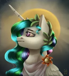 Size: 1800x2000 | Tagged: safe, artist:brilliant-luna, derpibooru import, princess celestia, bust, cape, clothes, female, halo, image, jewelry, jpeg, laurel wreath, portrait, roman, solo, solo female