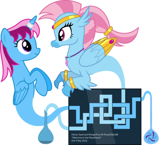 Size: 7006x6400 | Tagged: safe, artist:parclytaxel, derpibooru import, oc, oc:parcly taxel, oc:wishgriff, unofficial characters only, alicorn, classical hippogriff, genie, genie pony, hippogriff, pony, ain't never had friends like us, albumin flask, .svg available, absurd resolution, bottle, eye contact, female, floating, image, looking at each other, mare, parcly's travel covers, png, raised claw, raised hoof, simple background, smiling, tangled up, transparent background, uk ponycon, vector