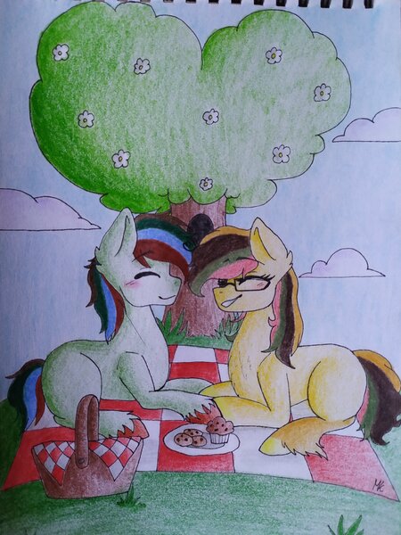 Size: 2836x3782 | Tagged: safe, artist:sweetie_plush6, derpibooru import, oc, unofficial characters only, earth pony, pony, basket, blushing, eyes closed, female, food, glasses, happy, high res, image, jpeg, male, mare, muffin, picnic, picnic basket, smiling, stallion, traditional art