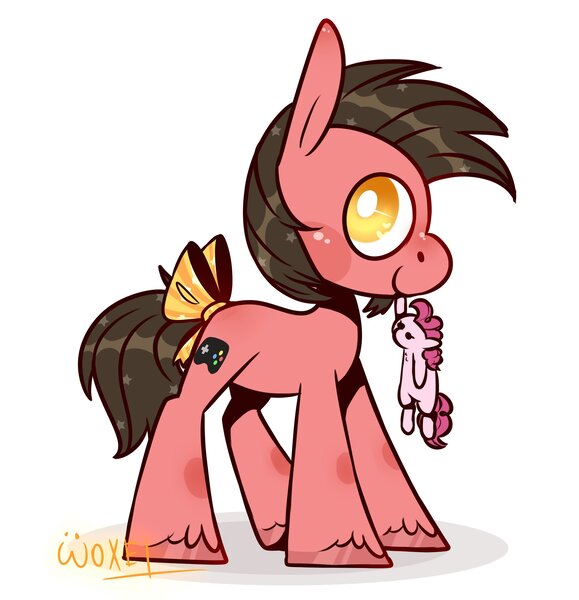 Size: 1953x2025 | Tagged: safe, artist:~w0xel~, derpibooru import, pinkie pie, oc, oc:ace play, unofficial characters only, earth pony, pony, bow, image, jpeg, looking at you, mouth hold, plushie, smiling, solo, sparkles, tail bow