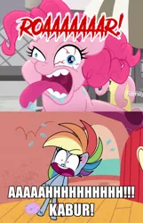 Size: 720x1118 | Tagged: safe, boulder media, derpibooru import, screencap, pinkie pie, rainbow dash, my little pony: pony life, rainbow roadtrip, unboxing day, spoiler:pony life s01e18, bloodshot eyes, discovery family logo, image, indonesia, meme, pinkie pie is best facemaker, png, roar, scaredy dash, screaming