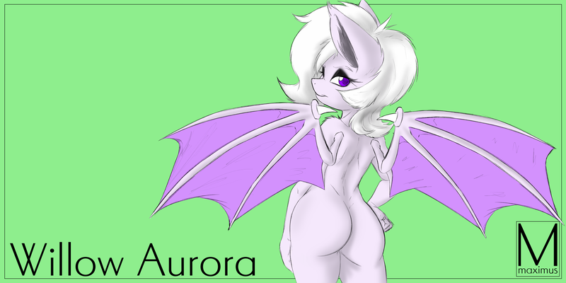 Size: 8196x4096 | Tagged: suggestive, artist:maximus, derpibooru import, oc, oc:willow aurora, anthro, bat pony, anthro oc, image, looking back, png, solo, wings