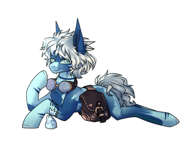 Size: 3300x2528 | Tagged: safe, artist:greenmaneheart, derpibooru import, oc, oc:taya, earth pony, pony, bag, female, goggles, image, lying down, mare, png, prone, saddle bag, simple background, solo, transparent background