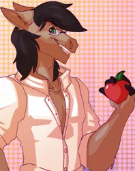 Size: 1618x2048 | Tagged: safe, artist:dodsie, derpibooru import, oc, oc:fruitsallad, unofficial characters only, anthro, earth pony, apple, clothes, food, glasses, grin, image, jpeg, looking at you, shirt, smiling, solo