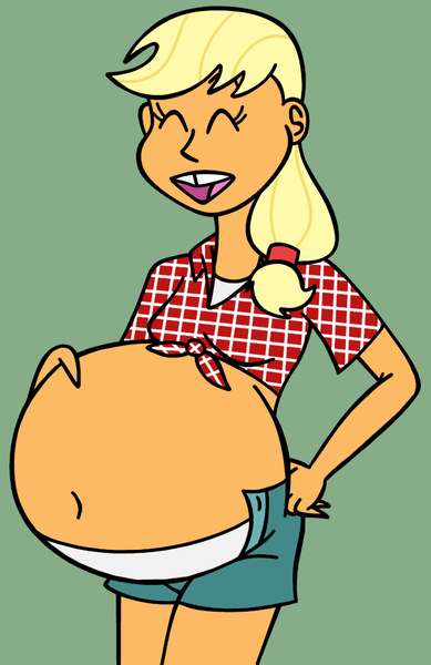 Size: 676x1044 | Tagged: suggestive, artist:voreandpreggos, derpibooru import, applejack, human, belly, belly button, big belly, clothes, eyes closed, front knot midriff, humanized, image, midriff, open mouth, open smile, png, pony coloring, shorts, smiling, stuffed belly