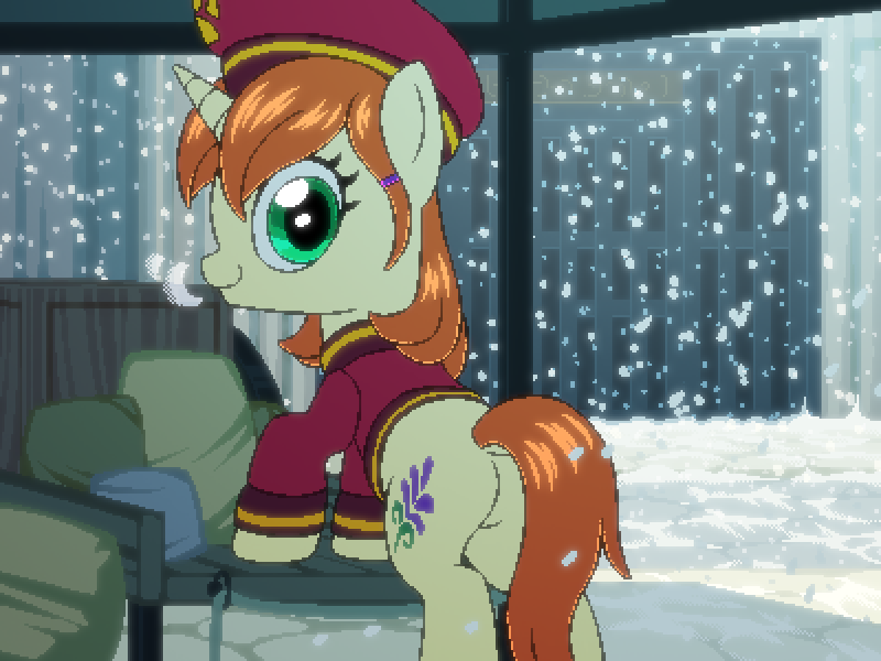 Size: 800x600 | Tagged: safe, artist:rangelost, derpibooru import, oc, oc:florette, unofficial characters only, pony, unicorn, cyoa:d20 pony, female, image, looking at you, looking back, looking back at you, mare, outdoors, png, smiling, snow, snowfall